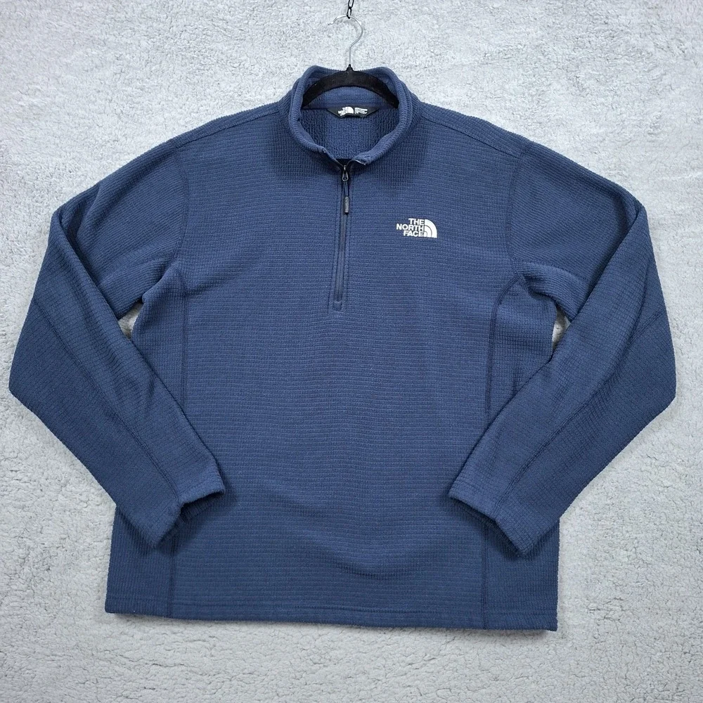 The North Face Mens L Waffle Knit Cap Rock Fleece Quarter Zip Pullover Navy Blue